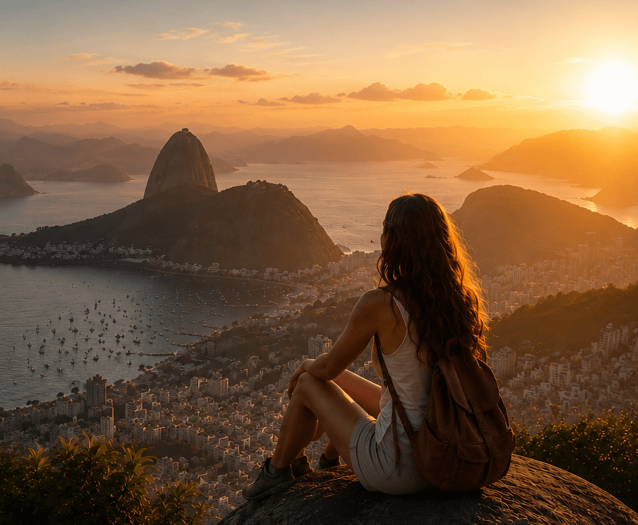 Vue au coucher du soleil sur Rio de Janeiro et la baie de Guanabara.